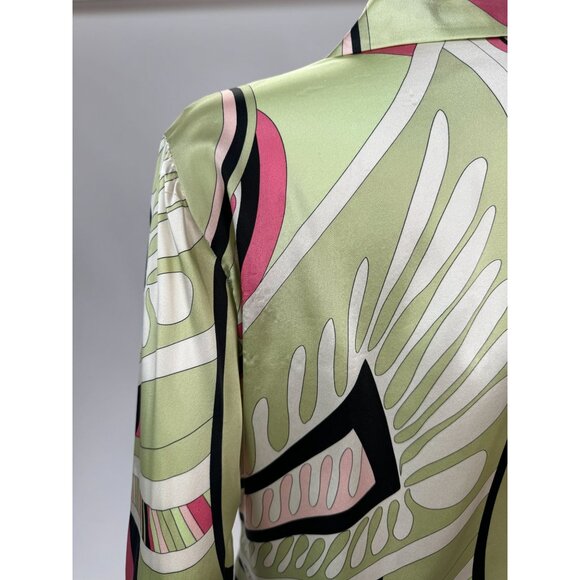 Silk Patterned Blouse By Kasper Size 6 - Green & Pink Design French Cuff Blemish - Picture 12 of 16